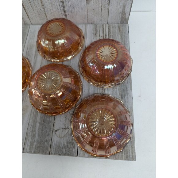 Set Of 7 Vintage Hazel Atlas Marigold Desert Bowls 4 1/2" Diamond Point Columns - Picture 6 of 7